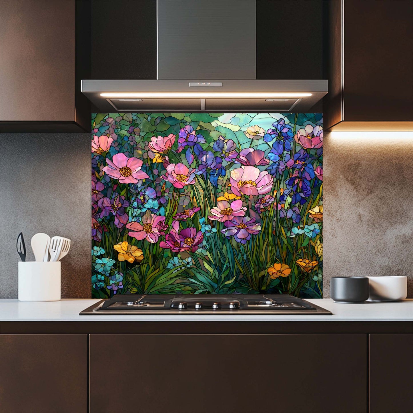 Glass Bloom – Tempered Glass Backsplash for Kitchen Stove | Floral Stained Backsplash