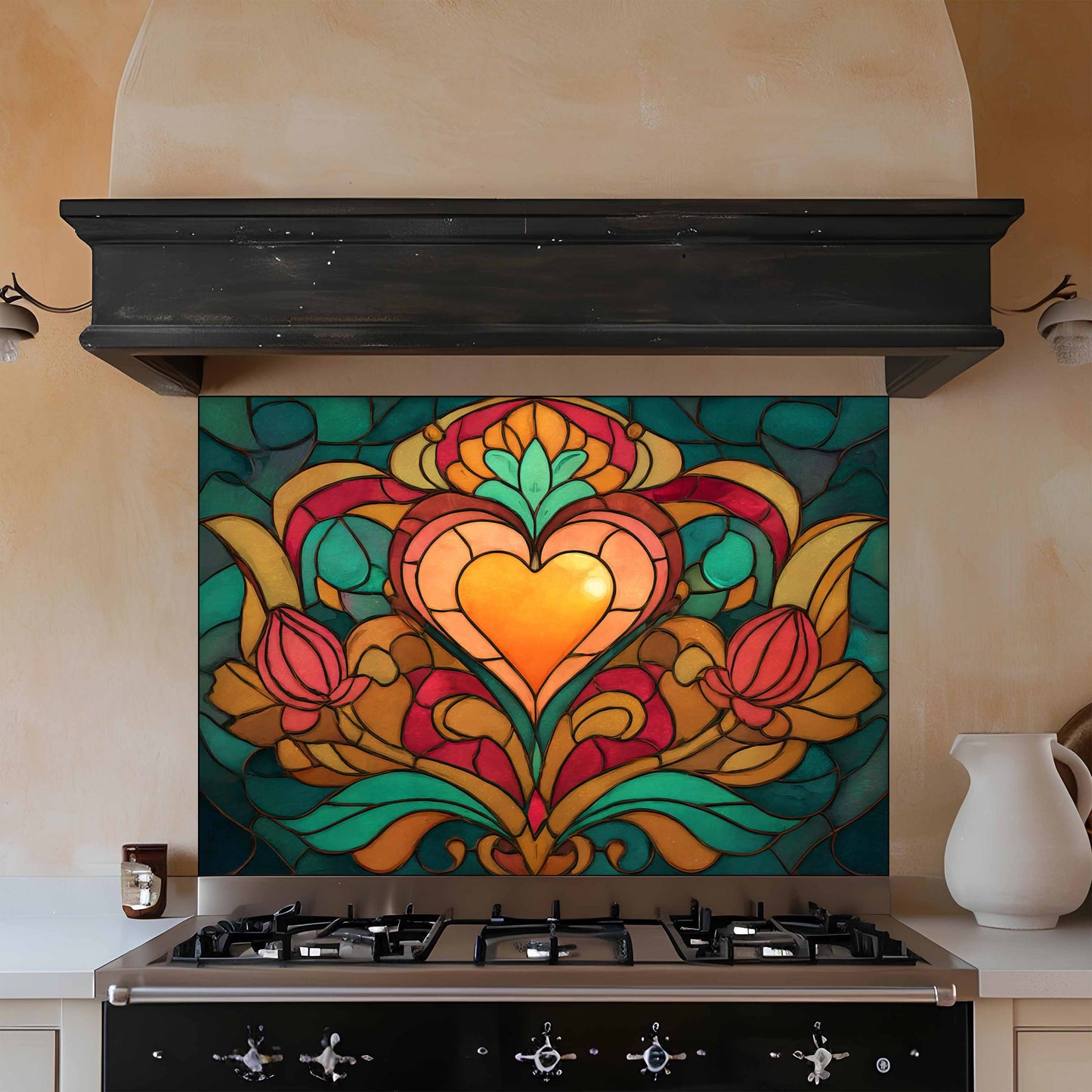 Tempered Glass Backsplash for Kitchen | Stained Glass Heart and Tulip Design