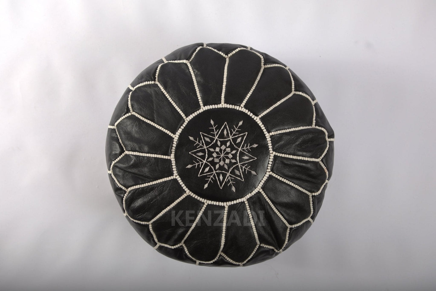 Moroccan leather pouf round berber style black leather with Beige embroidery by MyPoufs.com