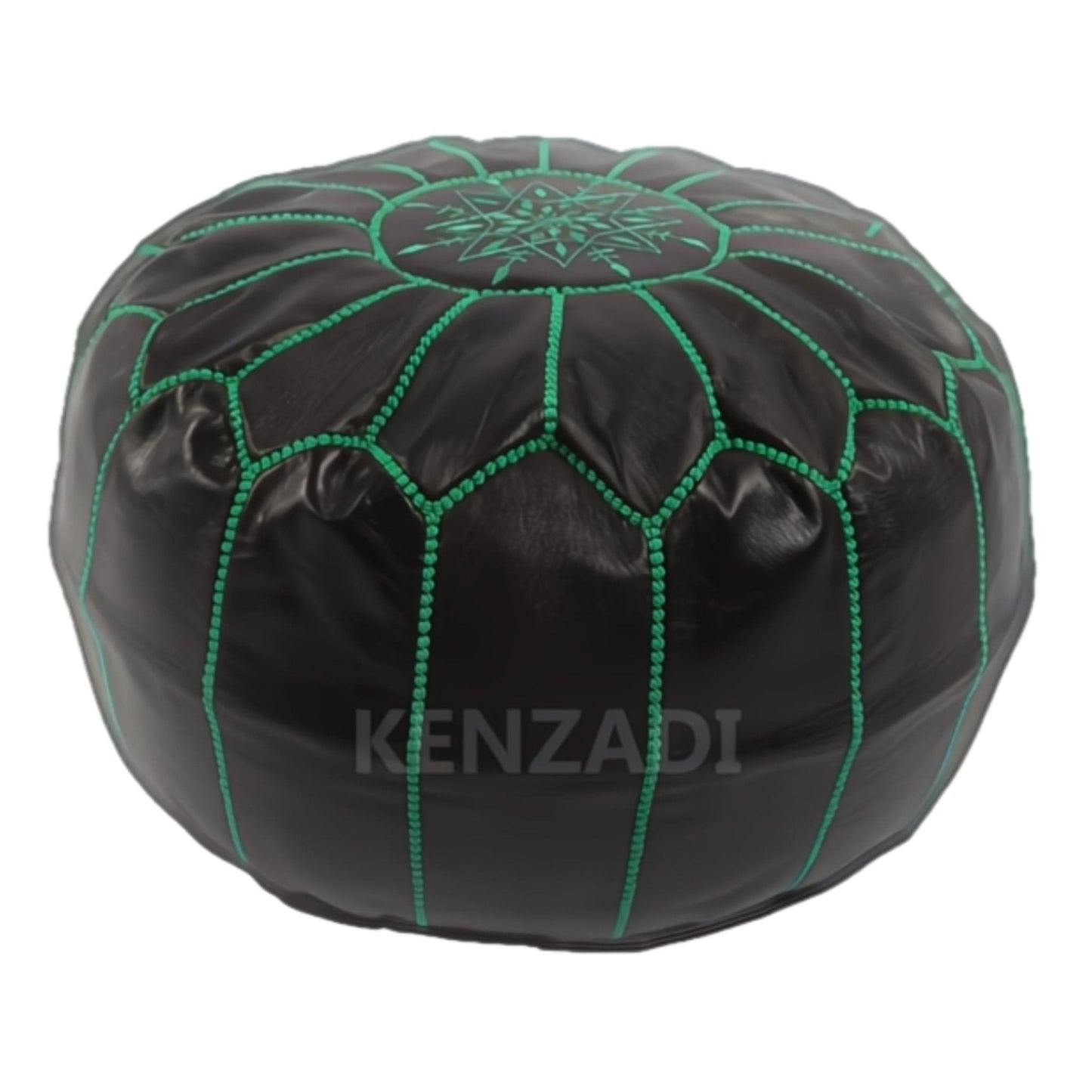 Moroccan leather pouf, round pouf, berber pouf, Black with Green embroidery by MyPoufs.com
