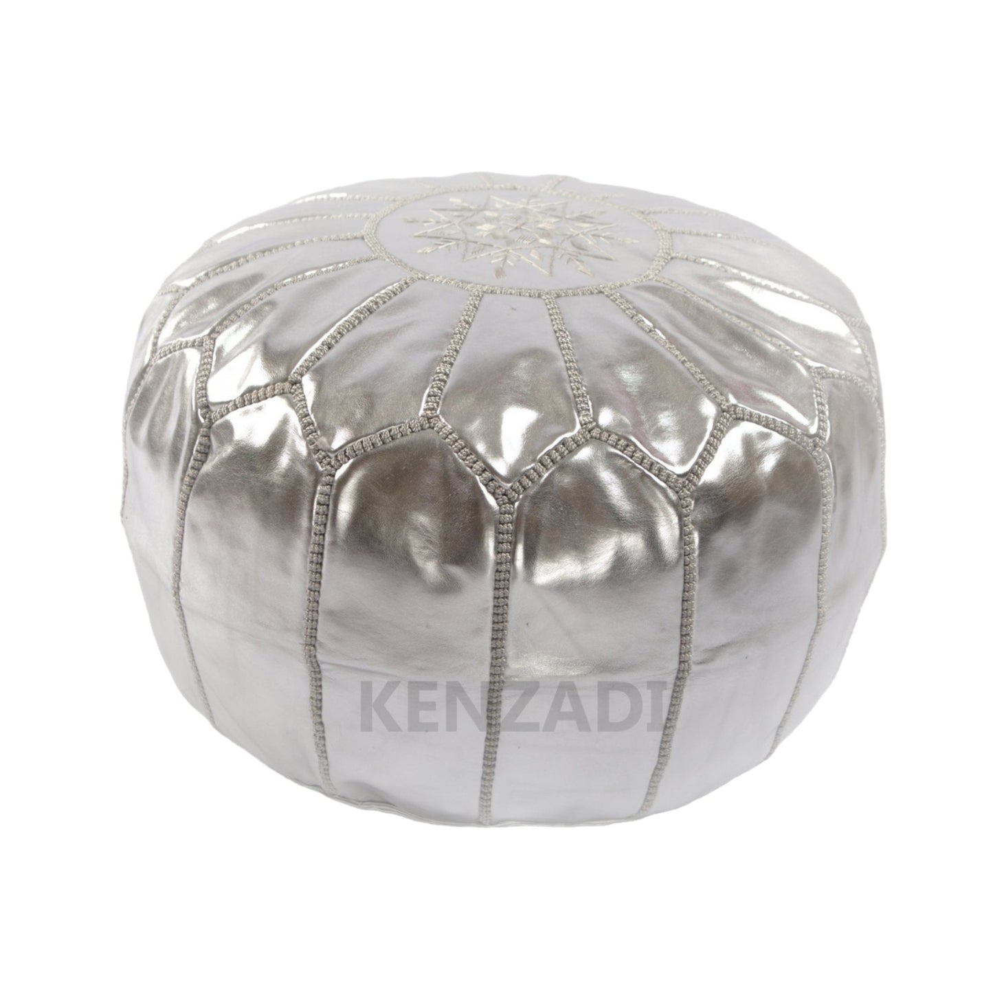 Moroccan leather pouf, round pouf, berber pouf, Silver grey with Grey embroidery by MyPoufs.com