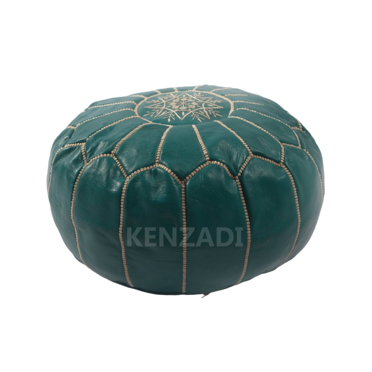 Moroccan leather pouf, round pouf, berber pouf, Turquoise pouf with Beige embroidery by MyPoufs.com