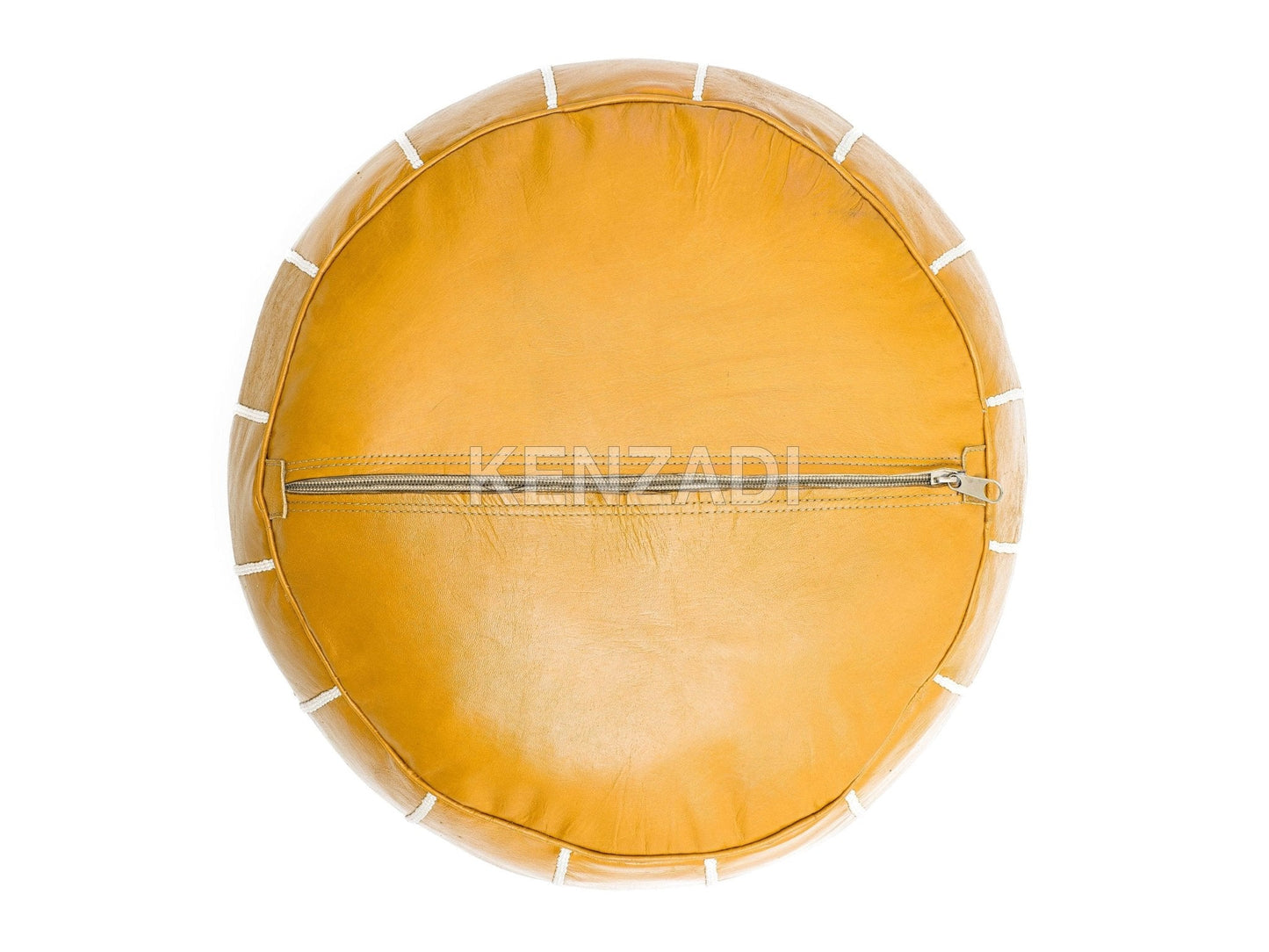 Moroccan leather pouf, round pouf, berber pouf, Yellow pouf with White embroidery by MyPoufs.com