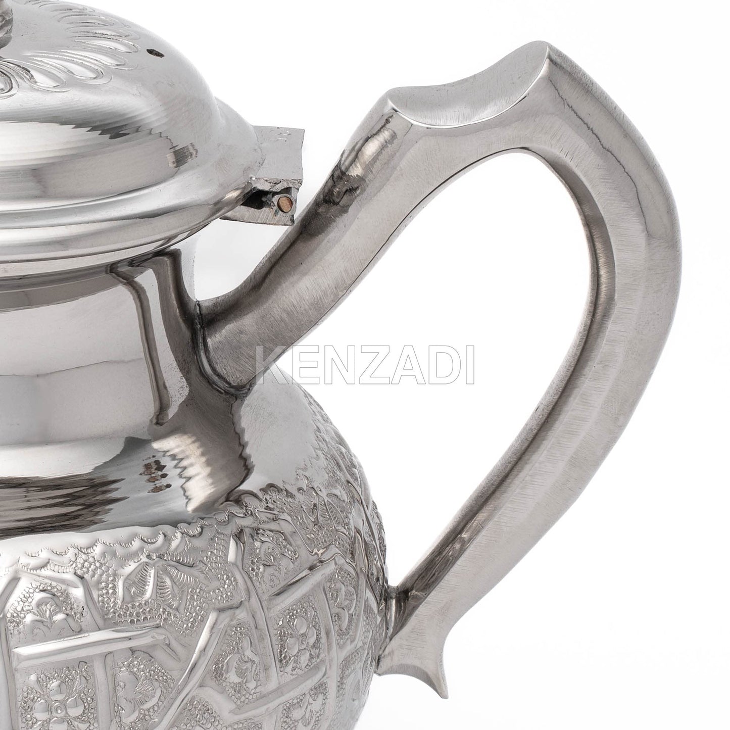 Moroccan Serving TeaPot Handmade Of Brass Silver Plated Hand Carved In Fes Morocco