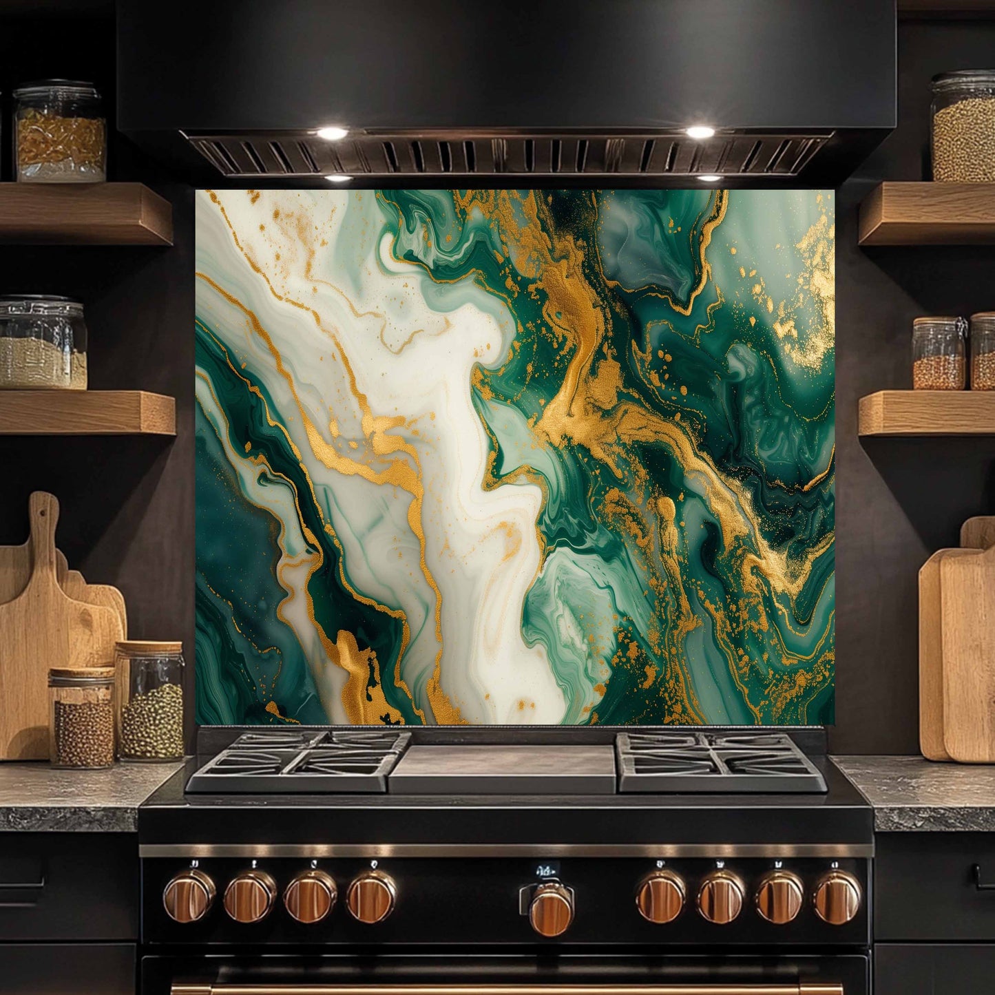 Glass Kitchen Backsplash – Green Gold Cream Fluid Marble Panel
