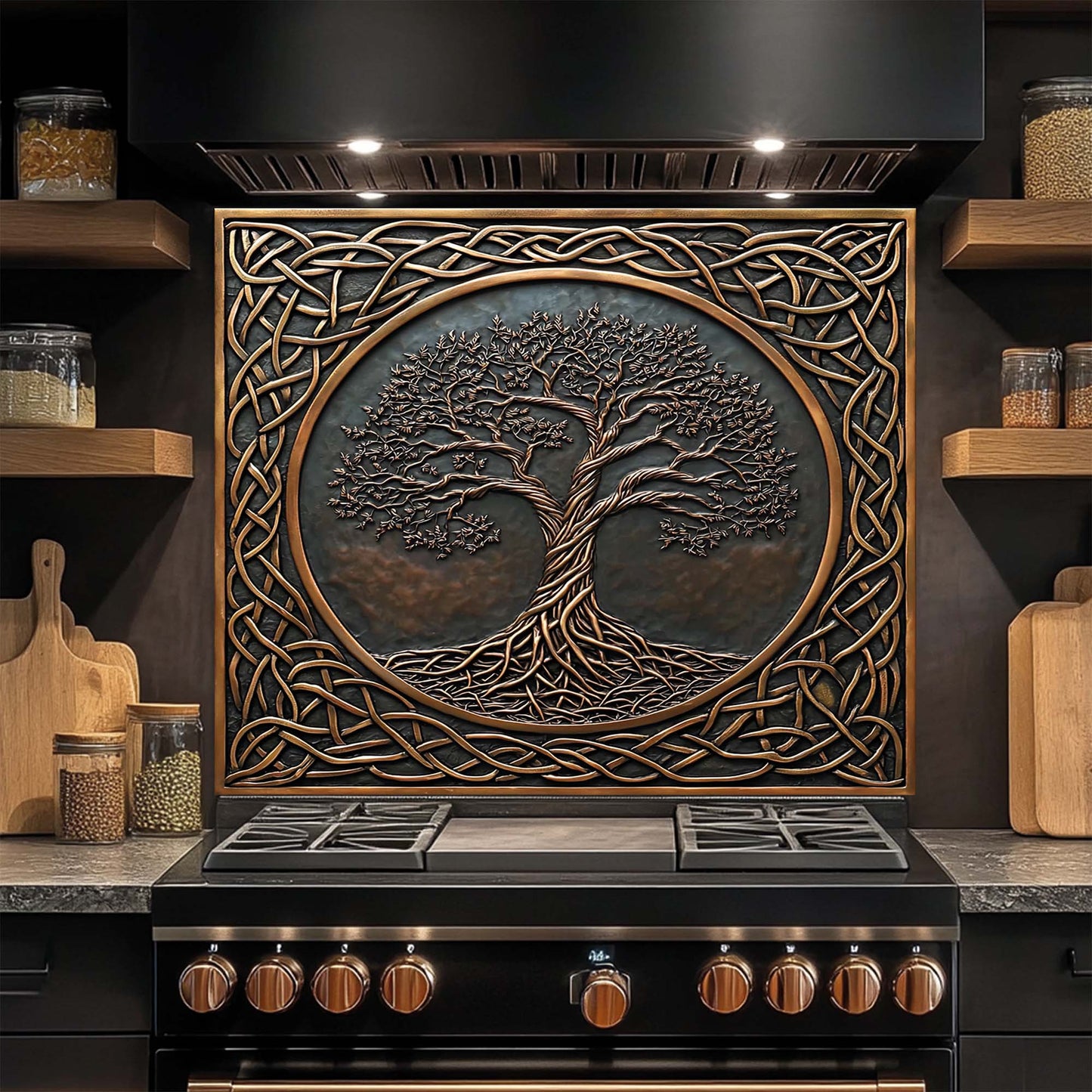 Timeless Root – Tempered Glass Backsplash for Stove | Tree of Life Copper Look Backsplash