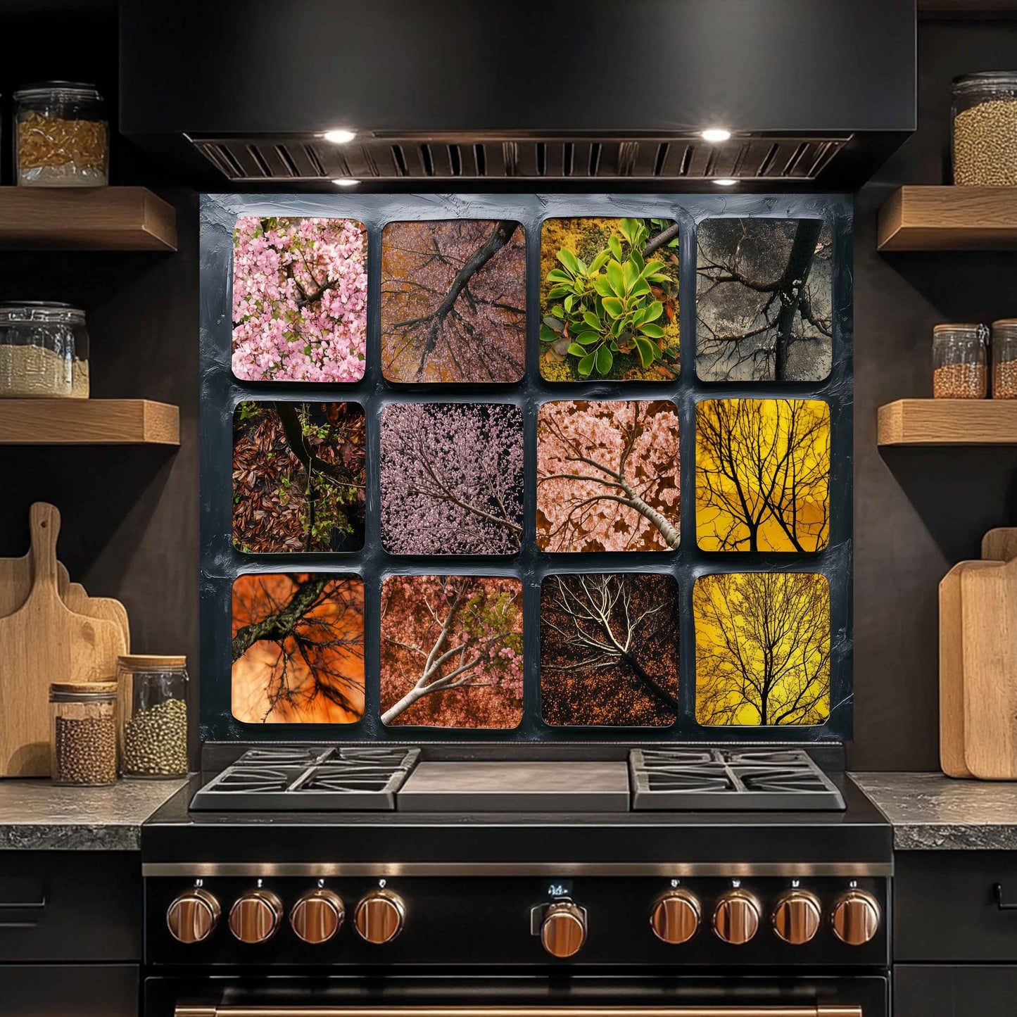 Seasonal Canopy – Tempered Glass Backsplash for Kitchen | Floral Tree Silhouette Abstract