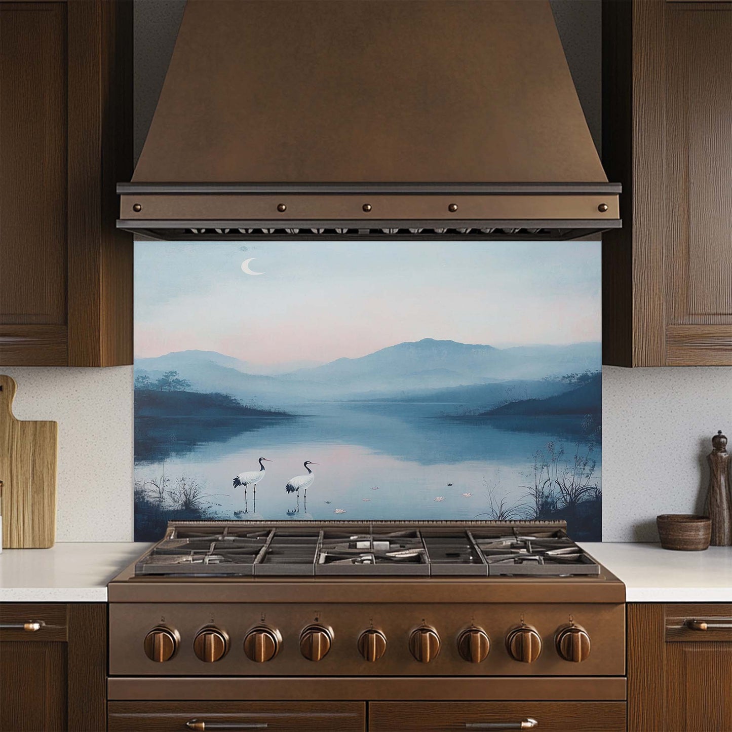 Moon Cranes – Tempered Glass Backsplash for Kitchen | Serene Lake Landscape Backsplash