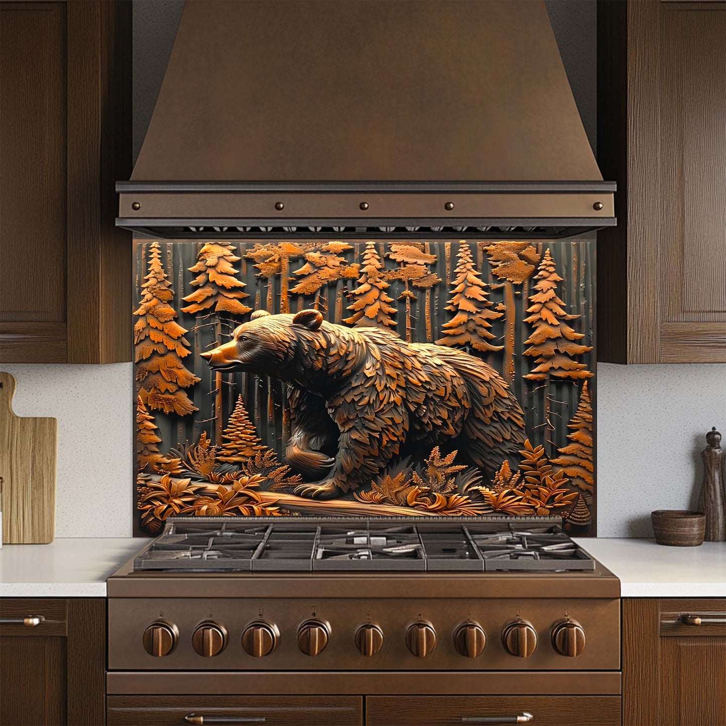 Forest Guardian – Tempered Glass Backsplash for Kitchen Stove | Copper Look Backsplash