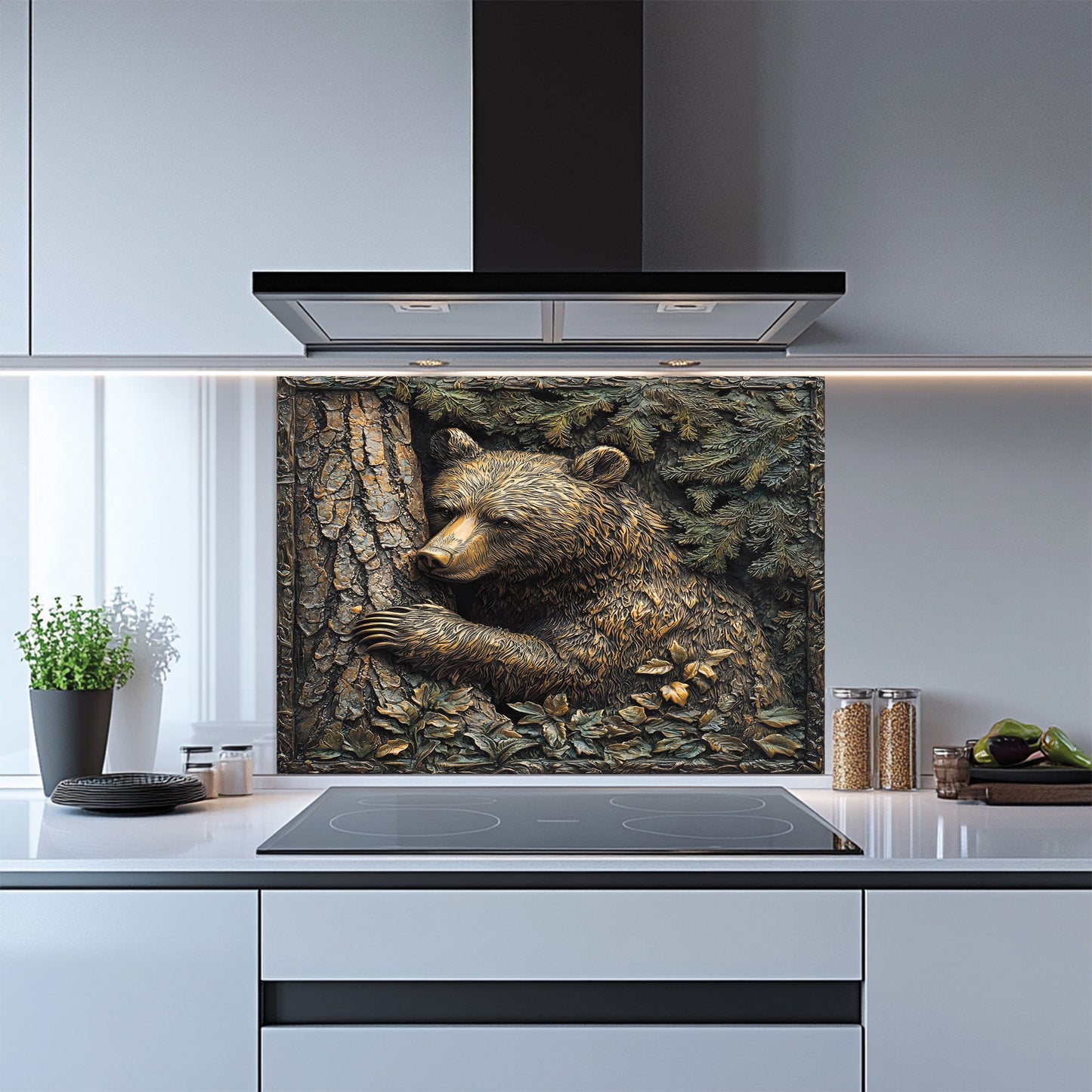 Forest Hug – Tempered Glass Backsplash for Rustic Kitchen | Bear & Pine Tree Copper Look