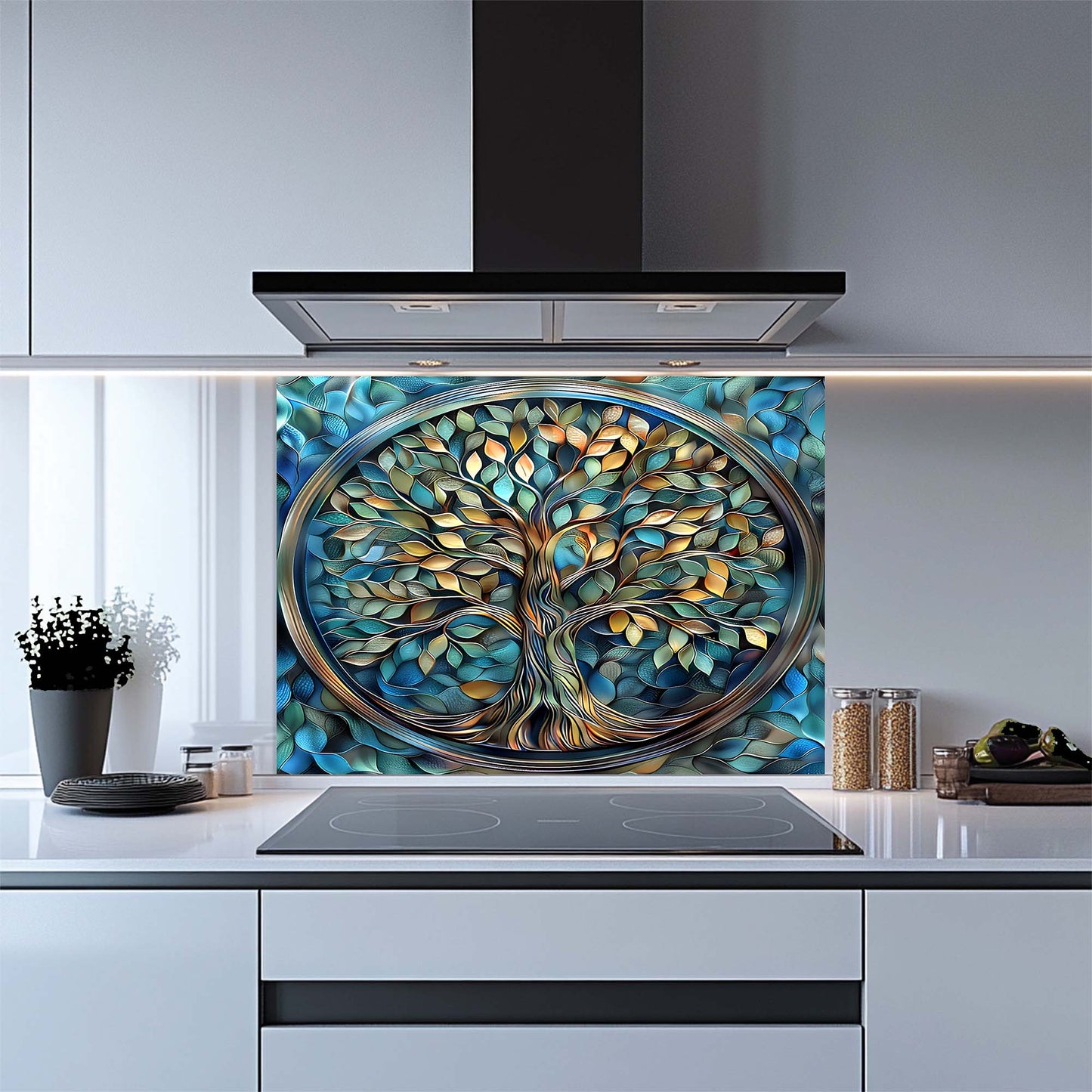 Aqua Roots – Tempered Glass Backsplash for Kitchen Stove | Tree of Life Backsplash