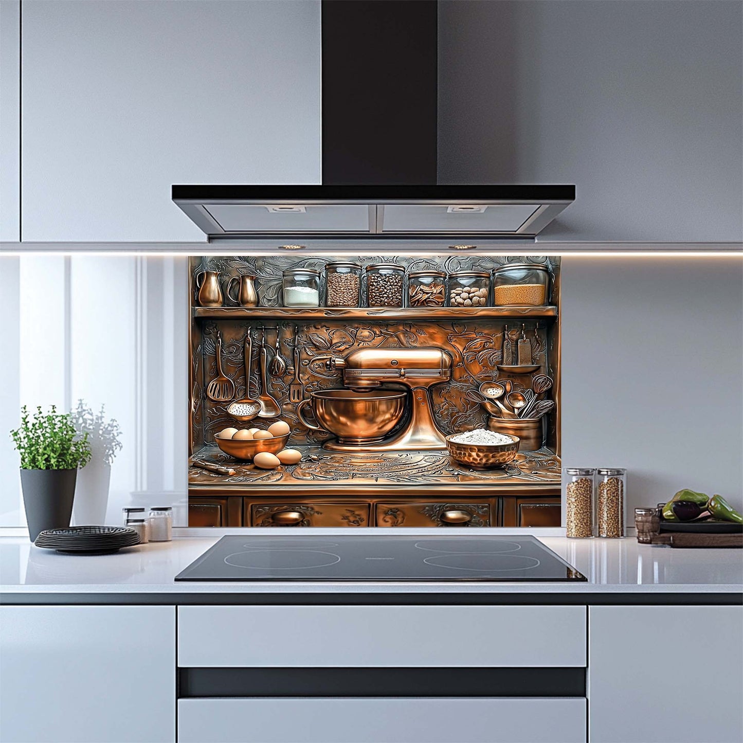Baker – Tempered Glass Backsplash for Kitchen Stove | Baking Scene in Copper Look