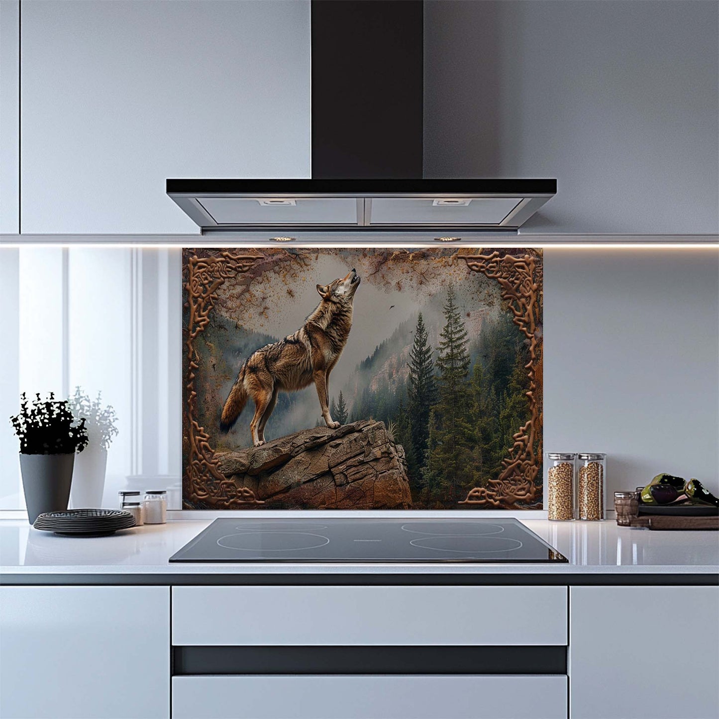 Howl Spirit – Tempered Glass Backsplash for Kitchen | Wolf and Forest Landscape Backsplash
