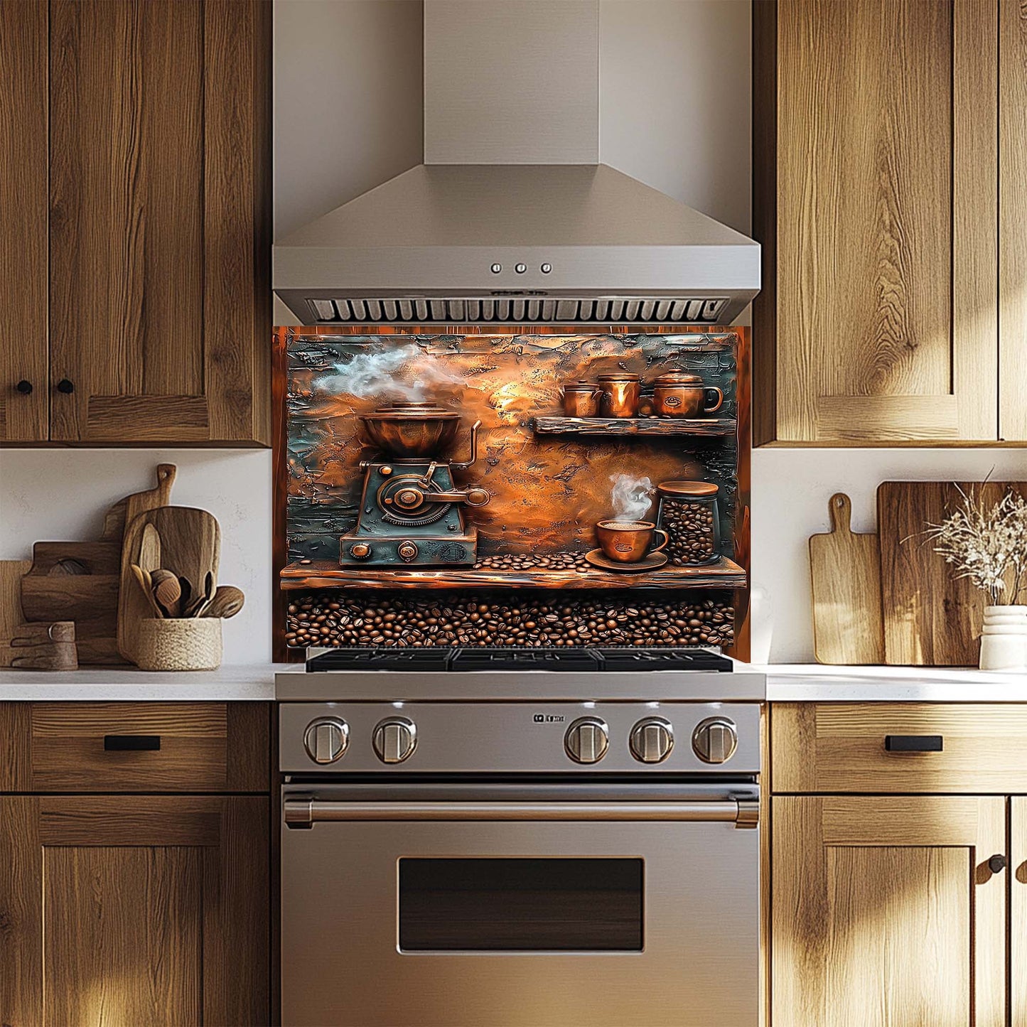 Brew & Beans – Tempered Glass Backsplash for Kitchen | Coffee Grinder Stove Backsplash
