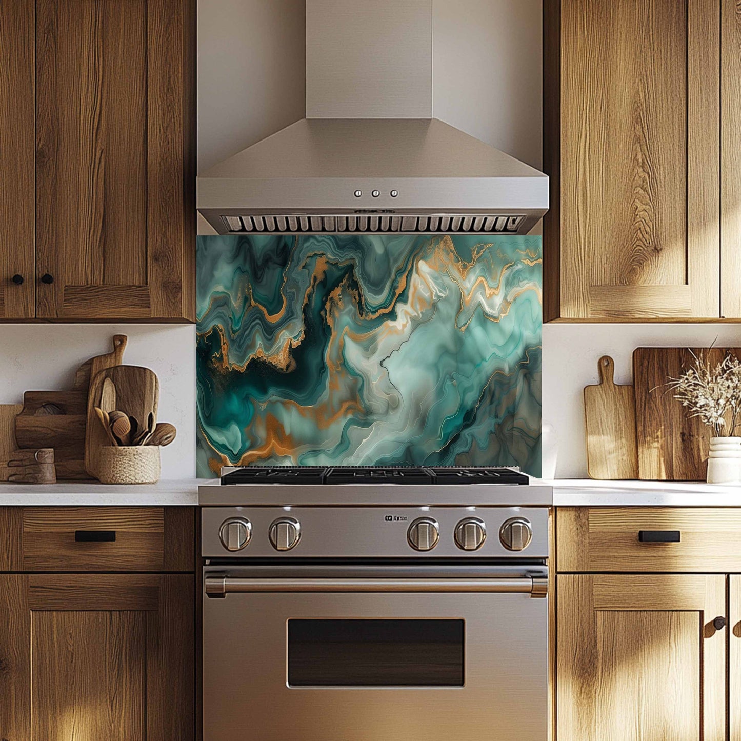 Glass Kitchen Backsplash – Emerald Marble Gold Fluid Art Panel