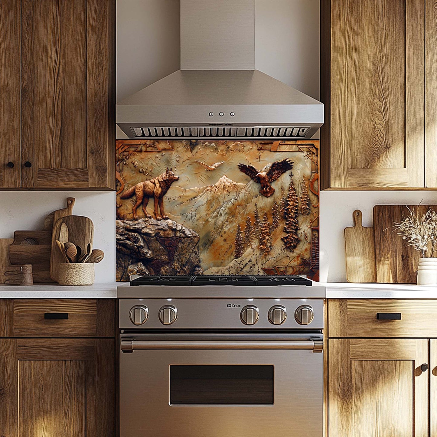 Eagle Wolf – Tempered Glass Backsplash for Kitchen | Bronze Wolf & Mountain Backsplash