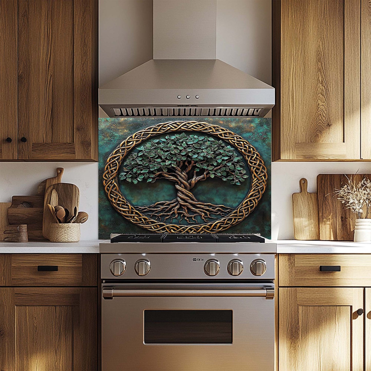 Verdant Embrace – Tree of Life Tempered Glass Backsplash | Copper Look Kitchen Backsplash