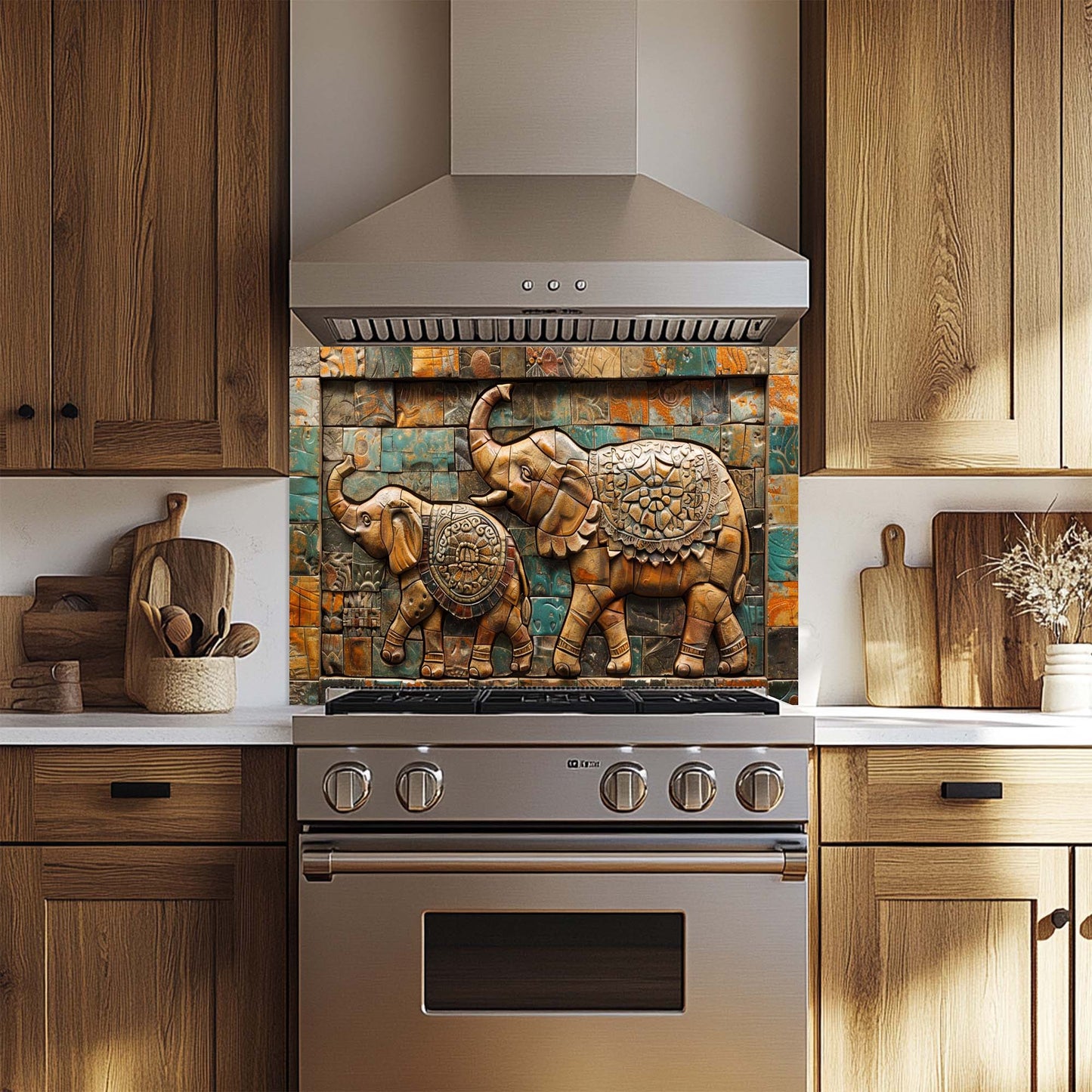 Elephant March Mosaic Tempered Glass Backsplash | Artistic Stove Glass Backsplash