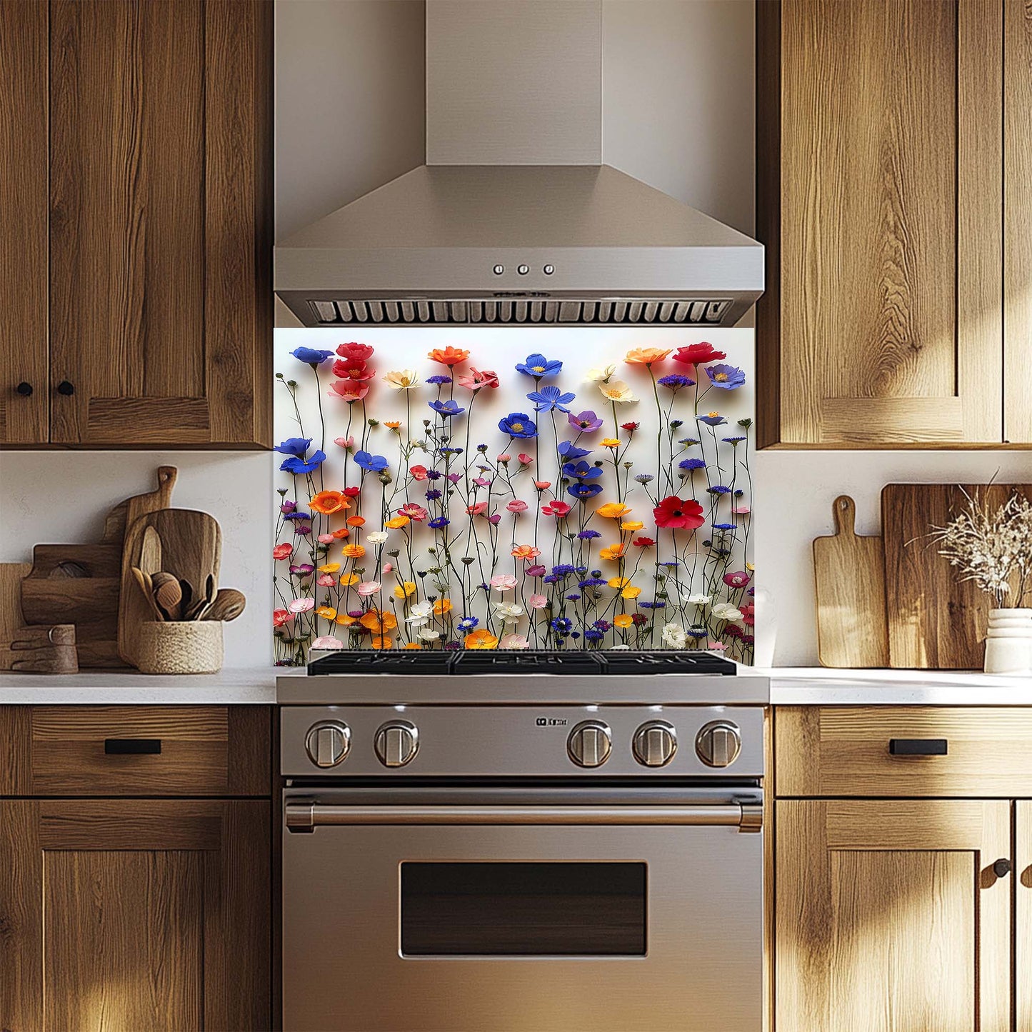 Floral Waltz Tempered Glass Backsplash – Colorful Flower Kitchen Backsplash Tile