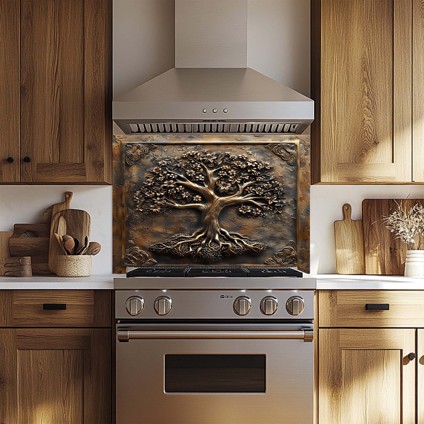 Floral Roots – Tempered Glass Backsplash for Kitchen Stove | Copper Look Tree of Life Backsplash