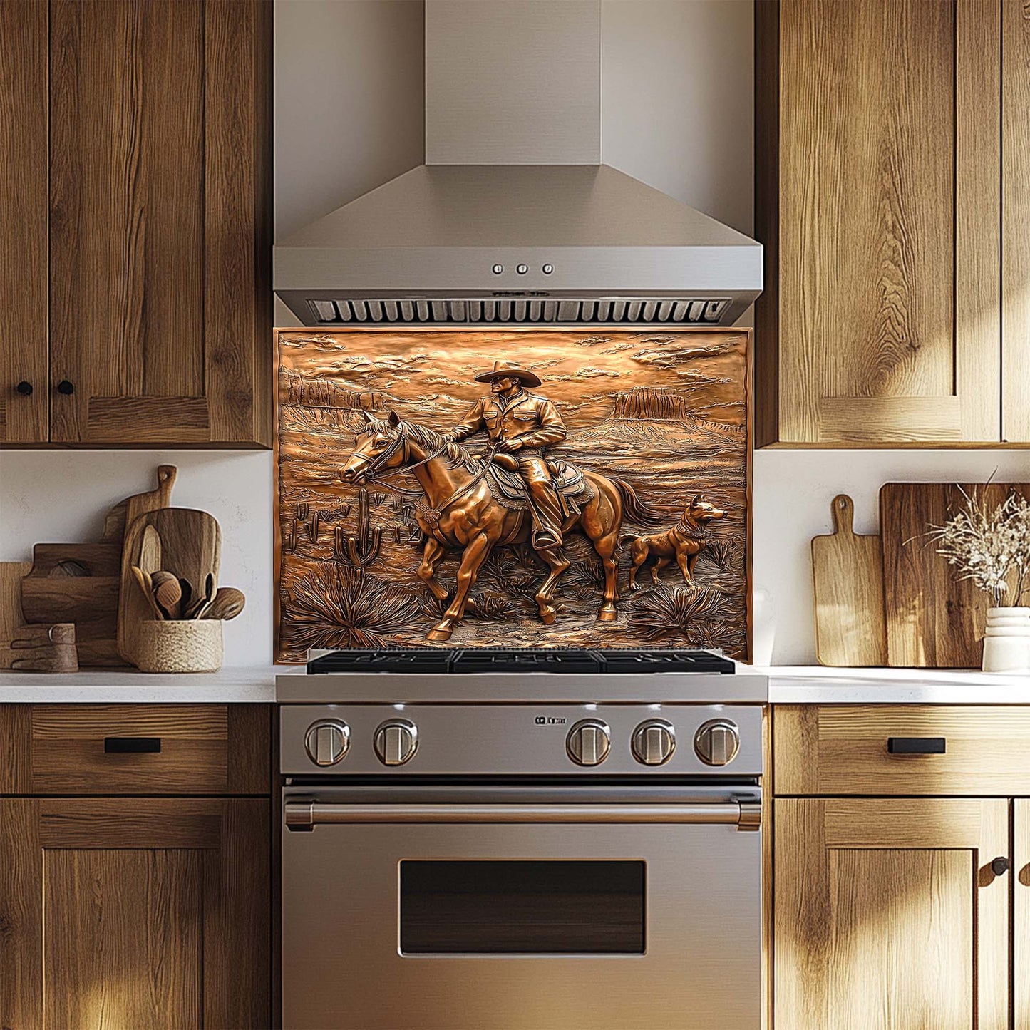 Cowboy Ride – Tempered Glass Backsplash for Kitchen | Horse Rider Copper Backsplash
