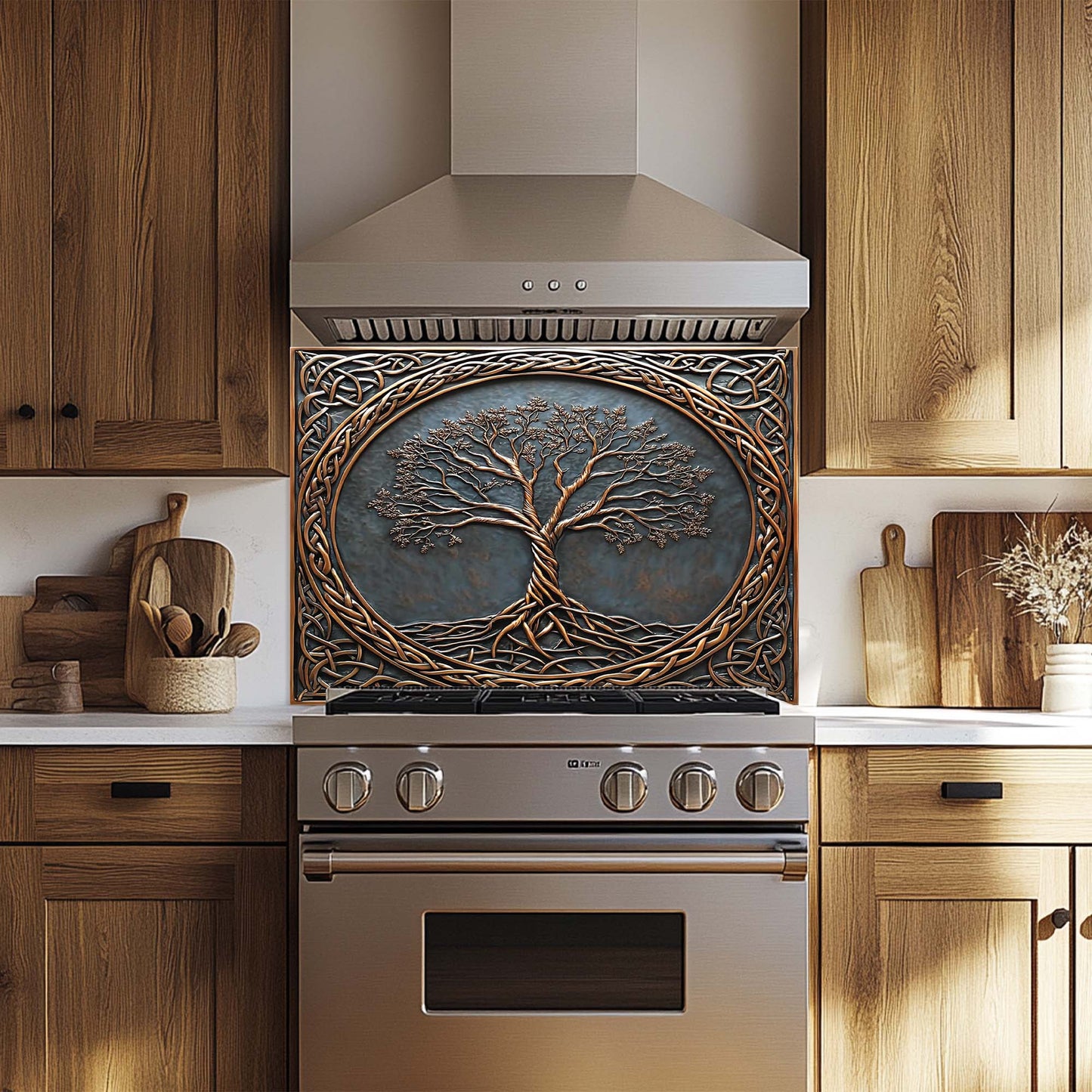 Bronze Roots Tempered Glass Backsplash – Tree of Life Copper Look Kitchen Backsplash