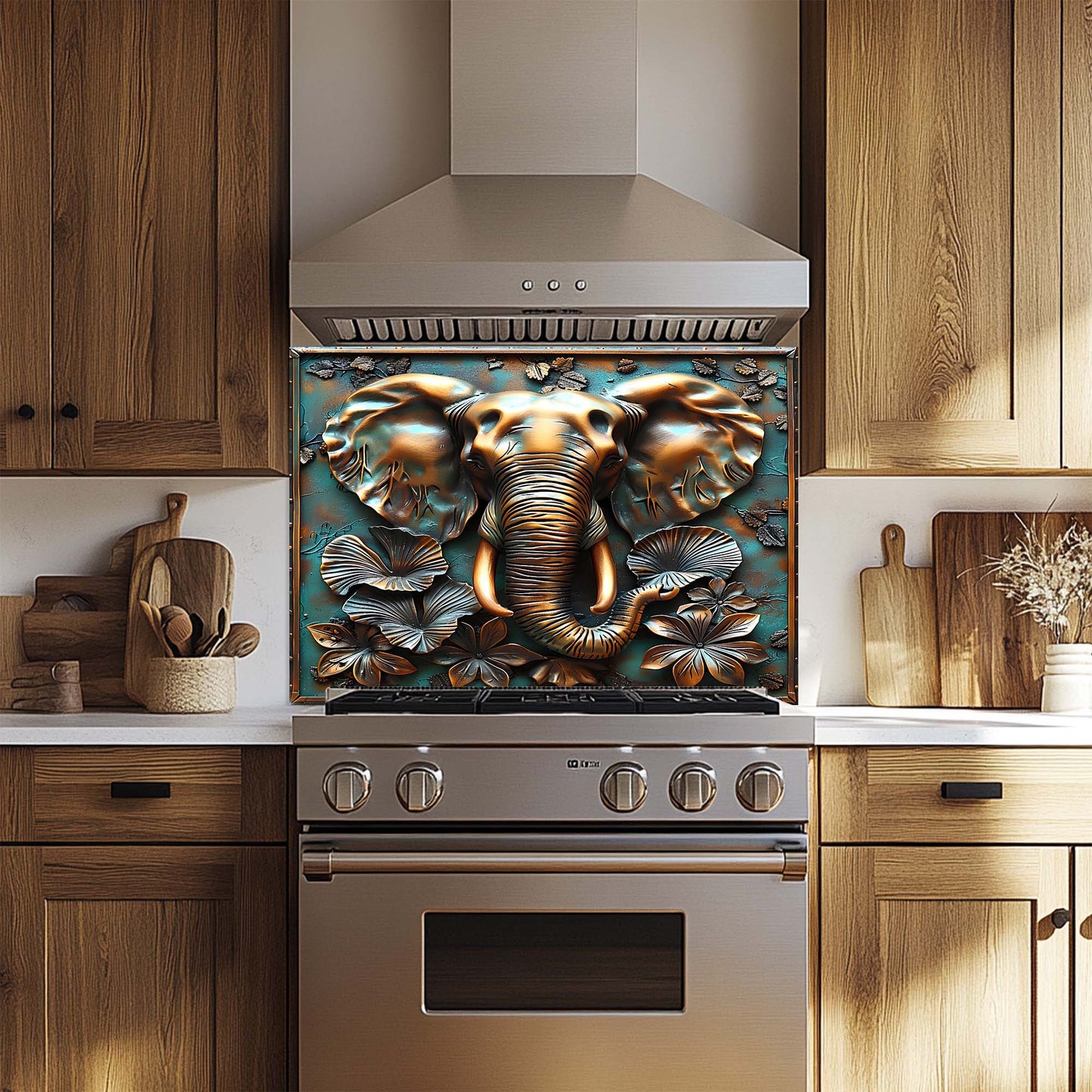 Regal Elephant – Tempered Glass Backsplash for Kitchen | Copper Look Safari Backsplash