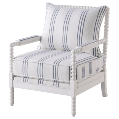 White and Navy Upholstered Stripe Accent Chair with Linen-Like Fabric