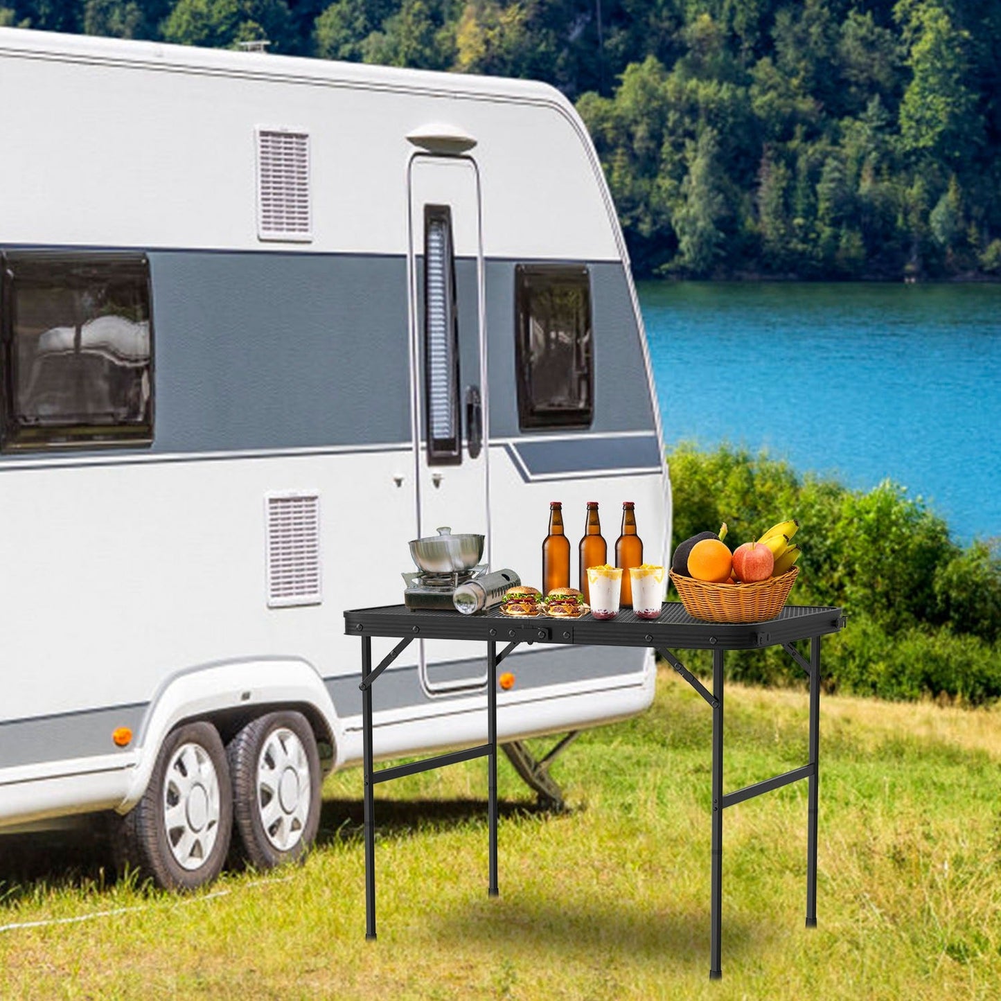 35.62x23.42x25.9in Foldable Camping Table Collapsible Picnic Aluminum Alloy Grill Stand 88LBS Max Load Height Adjustable BBQ Table