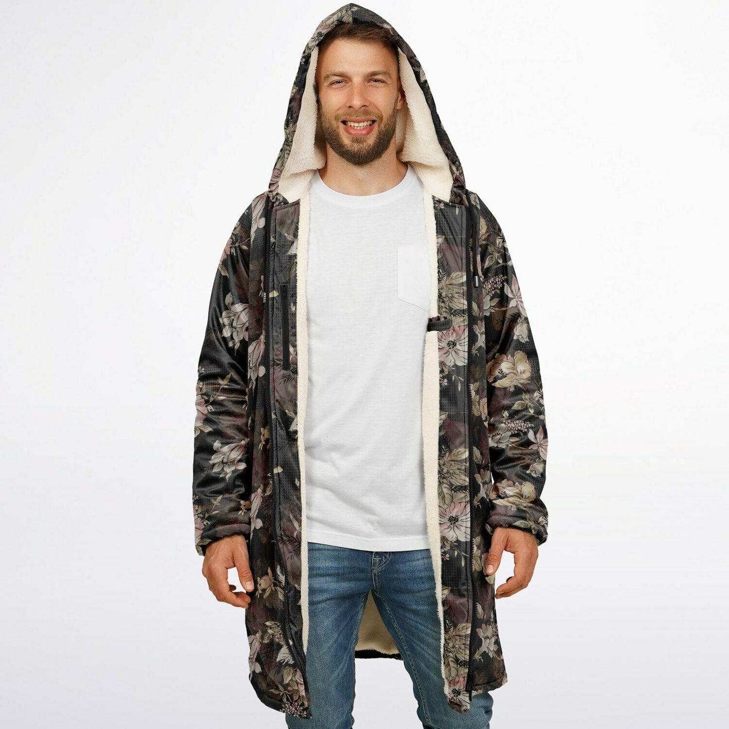 Floral Cuddle Coat | Beige, Brown, Cream | Unisex Minky Sherpa Lined Coat with Hood, Zipper and Pockets | Women and Mens Festival Coat | Mountain Fashion