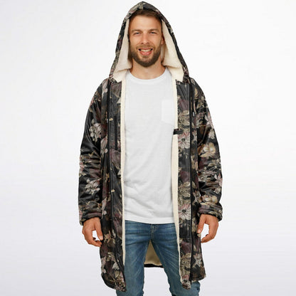 Floral Cuddle Coat | Beige, Brown, Cream | Unisex Minky Sherpa Lined Coat with Hood, Zipper and Pockets | Women and Mens Festival Coat | Mountain Fashion