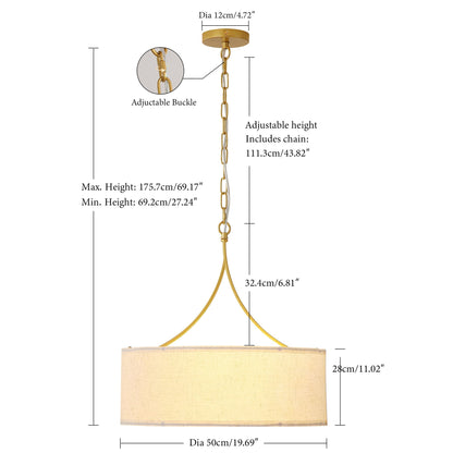 3-Light Gold Fabric Drum Pendant Light