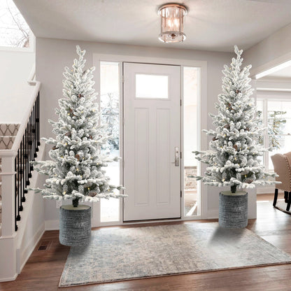 4.5FT Flocked Christmas Tree with Pot Base and LED Lights