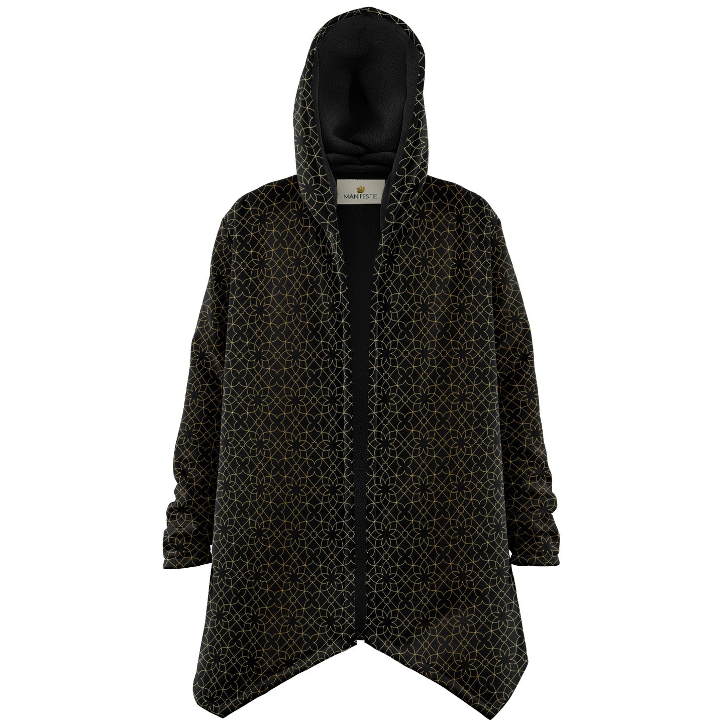 Black and Gold Sacred Geometry Flower Cuddle Cloak | Unisex Minky Sherpa Lined Hooded Coat | Women and Mens Festival Coat | Mountain Fashion