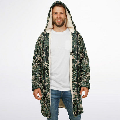Green Persian Carpet Cuddle Coat | Unisex Minky Sherpa Lined Coat with Hood, Zipper and Pockets | Women and Mens Festival Coat | Mountain Fashion