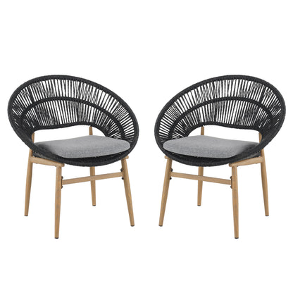 Cyril Outdoor Wicker Papasan Style Dining Chair with Teak Finished Leg and Dark Gray Faux Rattan - Set of 2