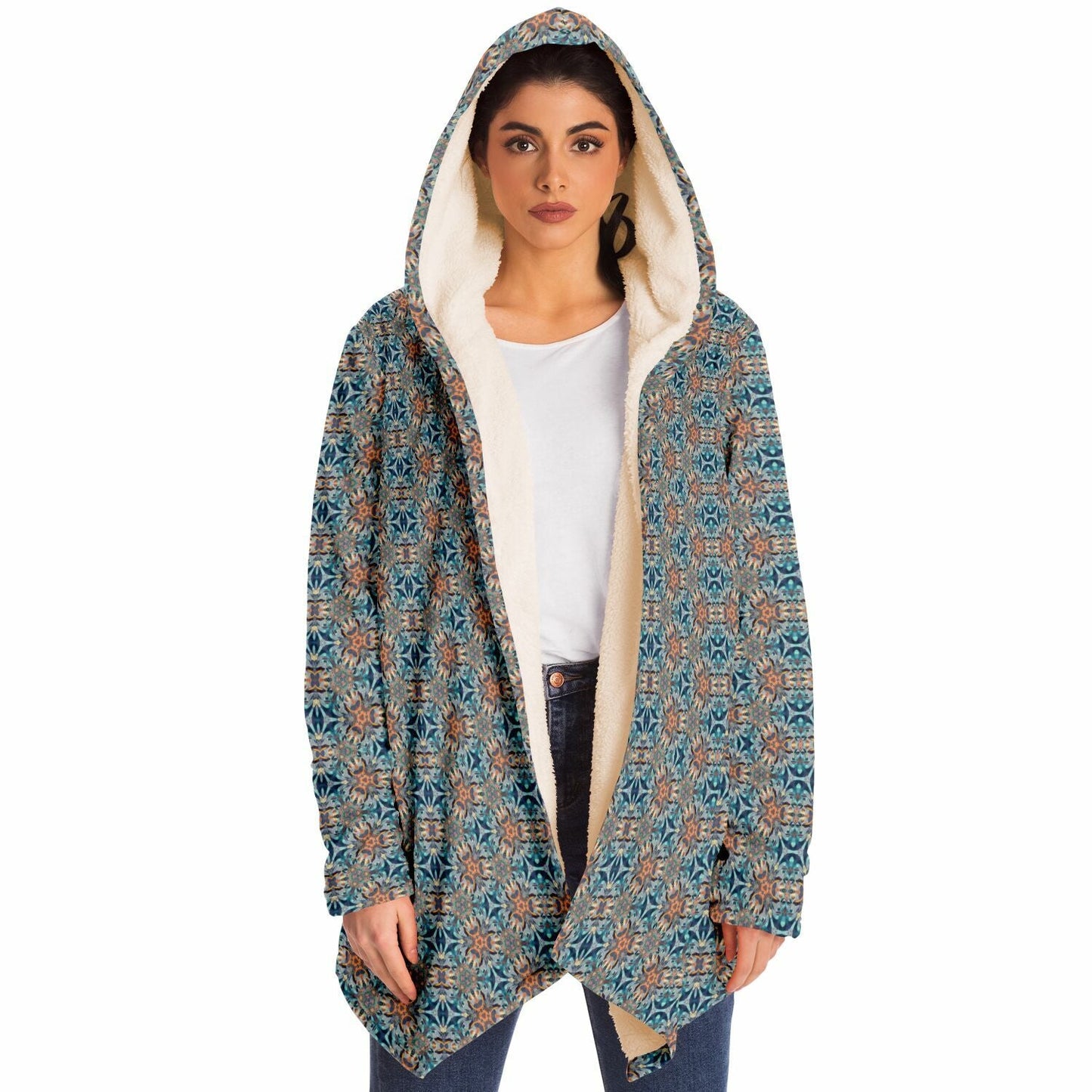 Mystic Mirror Cuddle Cloak |  Orange, Blue Face | Unisex Minky Sherpa Lined Hooded Coat | Women and Mens Festival Coat | Mountain Fashion