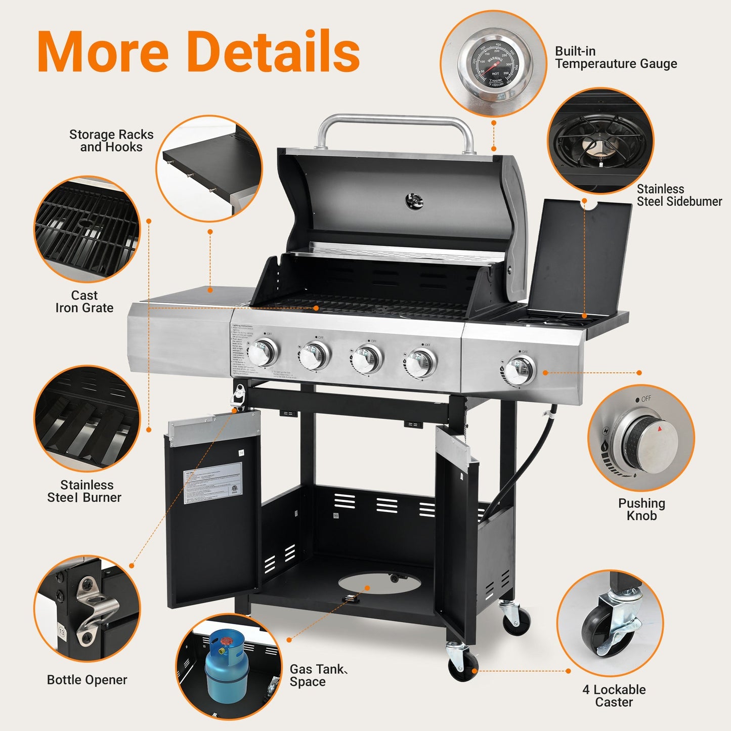 Propane Grill 4 Burner Stainless Steel Gas Grill with Side Burner