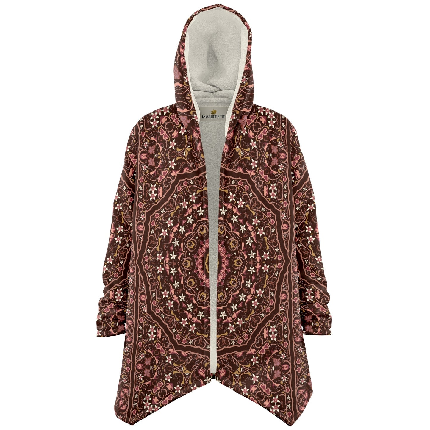 Raspberry Chocolate Persian Carpet Cuddle Cloak | Unisex Minky Sherpa Hooded Coat | Women and Mens Festival Coat | Mountain Fashion