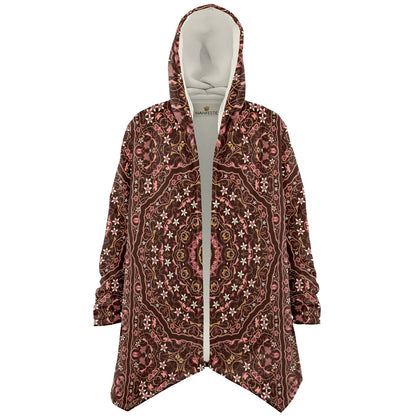 Raspberry Chocolate Persian Carpet Cuddle Cloak | Unisex Minky Sherpa Hooded Coat | Women and Mens Festival Coat | Mountain Fashion