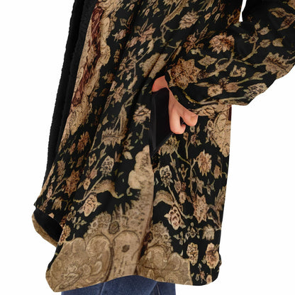 Black and Brown Persian Carpet Cuddle Cloak | Unisex Minky Sherpa Hooded Coat | Women and Mens Festival Coat | Mountain Fashion