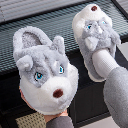 Cute Husky Cartoon Pure Cotton Slippers Men's Style Warm Indoor Slippers For Winter Home Use