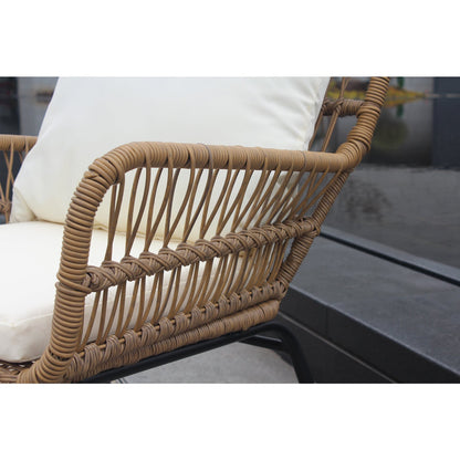 6PCS Outdoor Patio Balcony Natural Color Wicker Sofa Chair Set with Beige Cushion,Round Tempered Glass Table
