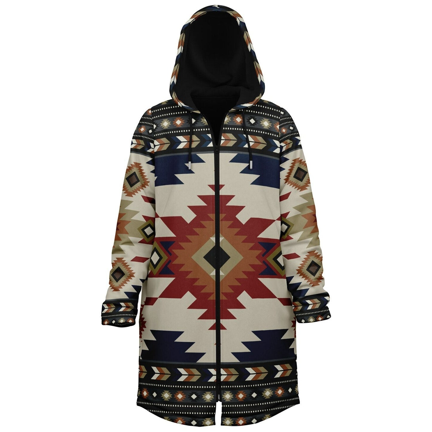 Izel Aztec Tribal Cuddle Coat | Unisex Minky Sherpa Lined Coat with Hood, Zipper and Pockets | Women and Mens Festival Coat | Mountain Fashion