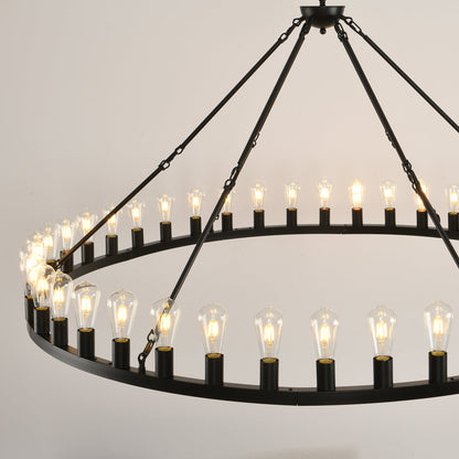 64 Inch Matte Black Wagon Wheel Chandelier With 30 Lights