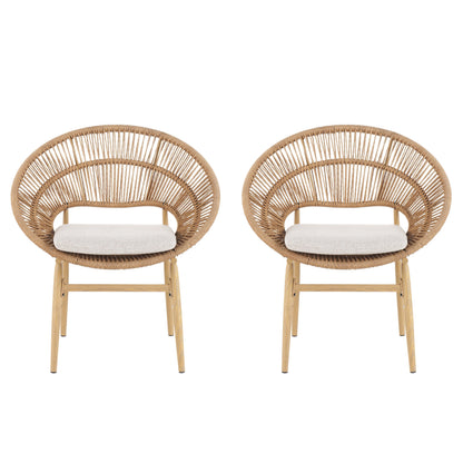 Cyril Outdoor Wicker Papasan Style Dining Chair with Teak Finished Legs - Set of 2