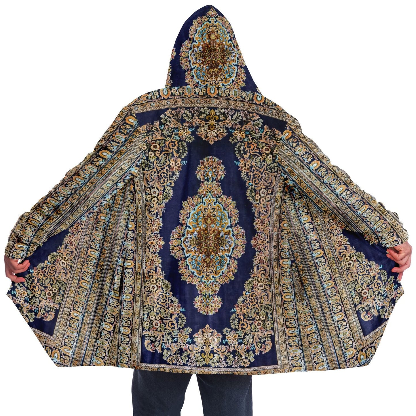 Classic Persian Carpet Cuddle Cloak | Qom, Blue and Gold | Unisex Minky Sherpa Hooded Coat | Women and Mens Festival Coat | Mountain Fashion