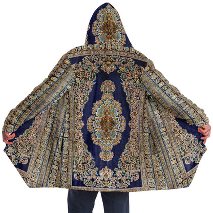 Classic Persian Carpet Cuddle Cloak | Qom, Blue and Gold | Unisex Minky Sherpa Hooded Coat | Women and Mens Festival Coat | Mountain Fashion