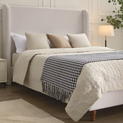 Hayden King Size Upholstered Wingback Bed with Textured Ivory Canvas and Tall 54' Headboard