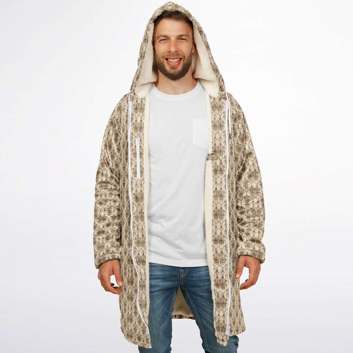 Cream Baroque Cuddle Coat | Unisex Minky Sherpa Lined Coat with Hood, Zipper and Pockets | Women and Mens Festival Coat | Mountain Fashion